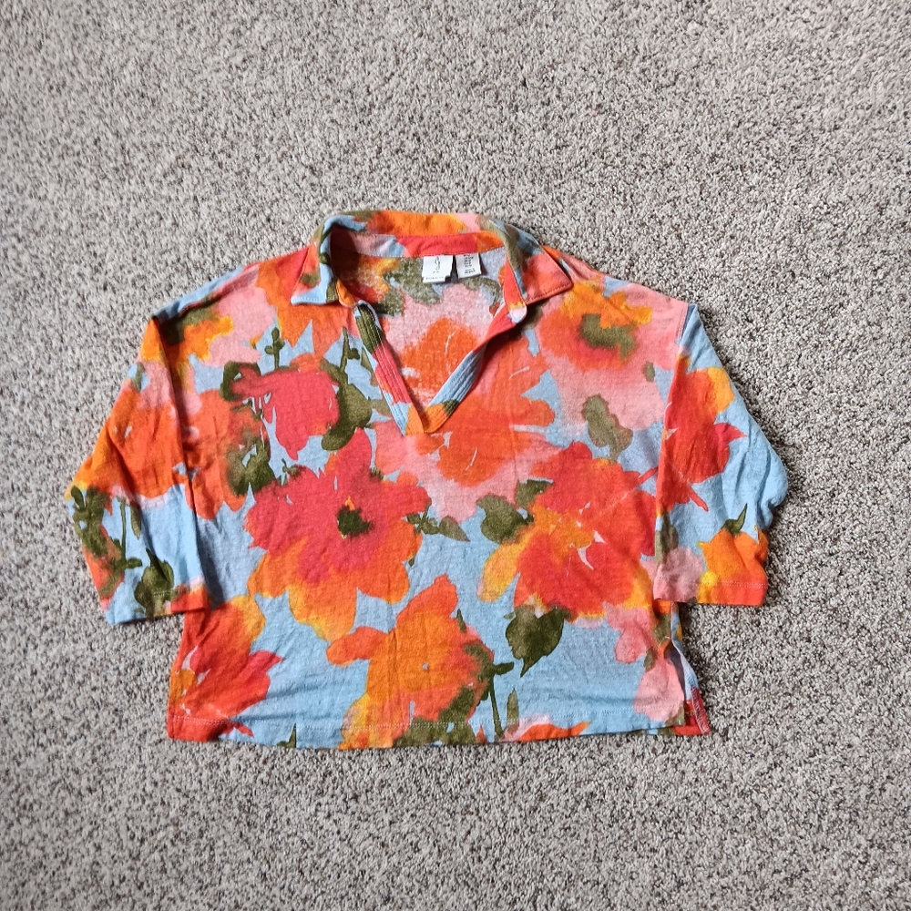 Joie Linen Collared Half Sleeve Floral Top Women's Medium
